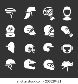 Set icons of helmets and masks isolated on black. Vector illustration