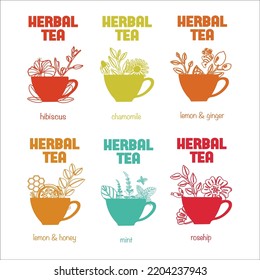 The set of icons of herbal tea. Healthy tea and teacups.