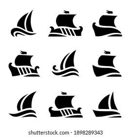 set icons of historic sailboats in sea