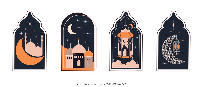 Set of icons for the holy day of Ramadan Kareem, Raya Hari, Eid al-Adha. Arabic ornament. Hijri. Editable line and stroke. Outline. White Backgrounds. 1445.Template