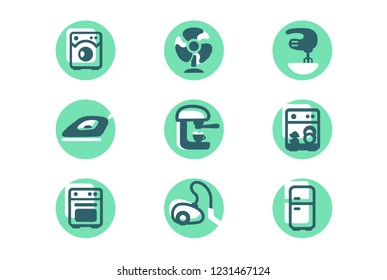 Set icons with home appliances, fridge, washer, vacuum cleaner, oven, mixer, fan. Concept collection modern symbols for domestic equipment, internet, ad, web Pixel perfect Vector illustration