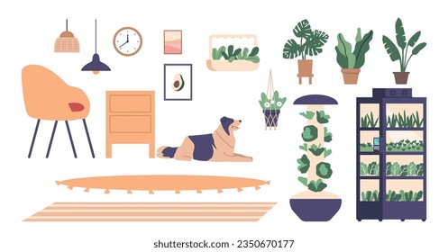 Set of Icons with Home Interiors Items and Equipment for Cultivation Fresh Greens and Herbs Indoors, Vector Illustration