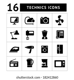 Set icons of home technics and appliances isolated on white. Vector illustration