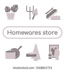 Set of icons with homewares. Plants, garden tools, items for cleaning, kitchen utensils, bathroom, decor. Housewares store icons