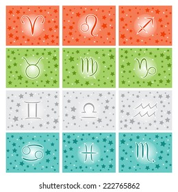Set of icons. Horoscope. Zodiac Signs. Zodiac Symbol icons on color background with stars. 