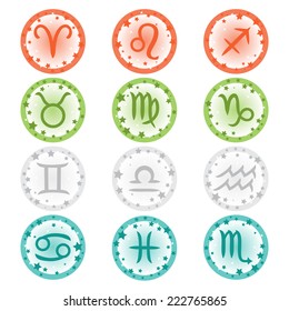 Set of icons. Horoscope. Zodiac Signs. Zodiac Symbol icons on color background with stars. 