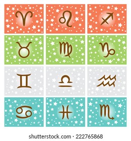 Set of icons. Horoscope. Zodiac Signs. Zodiac Symbol icons on color background with stars. 