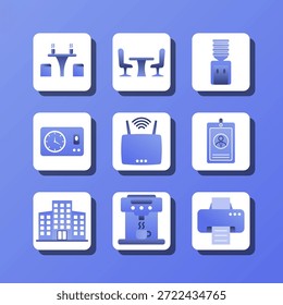 A set of icons for a hotel, including a clock, a coffee maker, a printer
