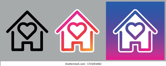 Set of icons with house frame and heart inside. Black icon on light grey background. Orange and purple gradient color icon on light grey background. Blue and purple gradient color icon on the same bac