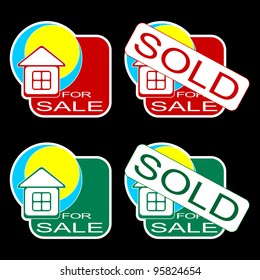 Set of icons for the house on sale. The two icons sign "sold." Red and green icons on a black background.