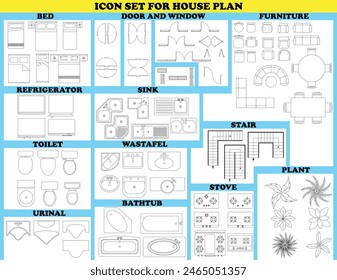 A set of icons for a house plan.  A set of icons for a house plan. The icons include a refrigerator, sink, toilet, bathtub, and a window