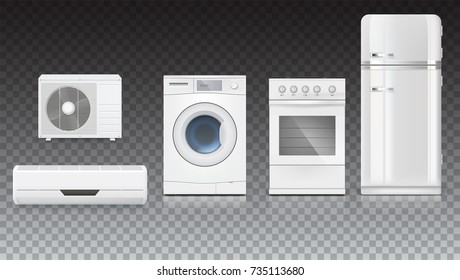 Set icons of household appliances on a transparent background. Air conditioning, washing machine, gas hob and white fridge, isolated 3D illustration with realistic shadows and reflections.