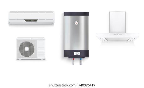 Set icons of household appliances on a white background. Air conditioning, water heater with chrome metal of front side, extractor hood, isolated 3D illustration with realistic shadows and reflections