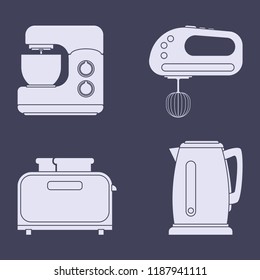 set of icons of household kitchen appliances toaster, blender, mixer, electric kettle. Icons in a flat style on a dark background.