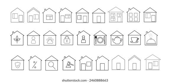 a set of icons for houses, housing, animal shelter, property, cottage, real estate, housing protection, contour symbols of a house, plant nursery, flower shop, delicious food, cafe, contour symbols