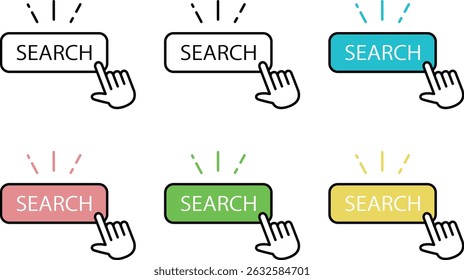Set of icons of human hands clicking search buttons in various color schemes