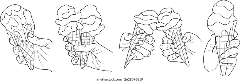 set of icons of human hands holding various ice cream in a waffle cup, in line art style