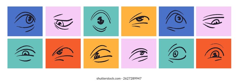 Conjunto de ícones com olhares humanos, reações. Colagem de formas quadradas com olhos com expressões diferentes. Olhares com emoções em formas geométricas. Ilustrações isoladas planas de vetor em branco
