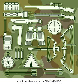 Set of icons for hunting and camping. Vector icons set  on a green background.