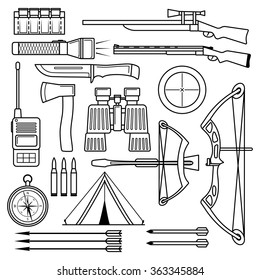 Set of icons for hunting and camping. Vector icons set  on a white background.