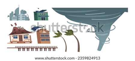 Set of Icons Hurricane, Palm Trees, Buildings and Pier Isolated Elements on White Background. Natural Disaster