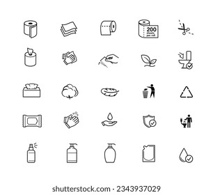 Set of icons for hygiene products. Vector illustration isolated on white background. Perfect for paper roll, wet wipes, kitchen towel, napkin, tissues, pads and etc. Stroke sign, easy change. EPS10.	