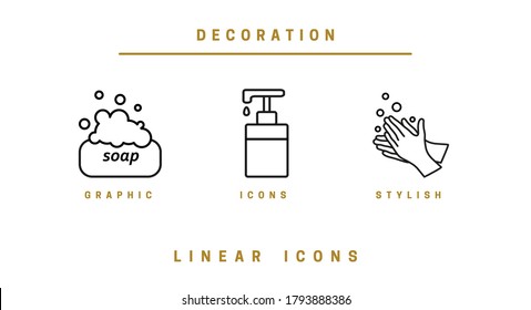 Set icons of hygiene. The silhouettes, hands, hand soap, and antiseptics on white background. Vector illustration.