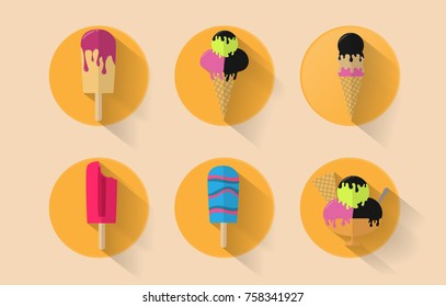 Set of icons of ice cream with long shadow in six styles - cone ice cream, icream bar, a cup of ice cream