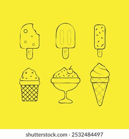 A set of icons with an ice cream theme in black on a yellow background. Using a hand-drawn illustration style for design assets, icons, ice cream logos, web and more