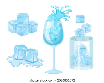 Set Of Icons Ice Cubes, Crystal Ice Blocks Isolated On White Background. Blue Glass, Icy Pieces For Drink Cooling, Clean Square Blocks, Frozen Water For Alcohol Or Cocktail. Cartoon Vector Clip Art