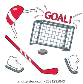 Set of icons with ice hockey themed on white background. Hockey stick, skates, helmet, net, puck. Cartoon vector illustration for print, activity book, children's entertainment. Winter sport.