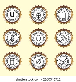 Set of icons illustrating absence of common food allergens (gluten, dairy, egg, nuts) plus vegan and organic signs.