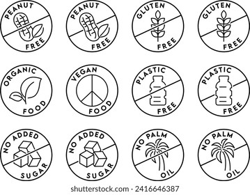 Set of icons illustrating absence of common food allergens. gluten free, peanut free, organic food icon, vegan food, plastic free, no added sugar, no palm oil , label icon for organic and healthy food