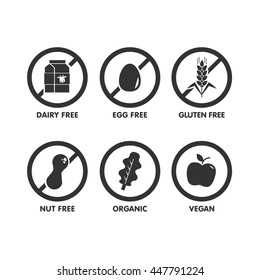 Set of icons illustrating absence of common food allergens (gluten, dairy, egg, nuts) plus vegan and organic signs. Gray set.
