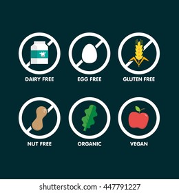 Set of icons illustrating absence of common food allergens (gluten, dairy, egg, nuts) plus vegan and organic signs. Black background.