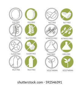 Set of icons illustrating absence of common food allergens. Sugar free, egg, nut, gluten, milk, nitrates, gmo, vegetarian. - stock vector