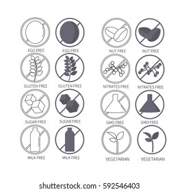 Set of icons illustrating absence of common food allergens. Sugar free, egg, nut, gluten, milk, nitrates, gmo, vegetarian. - stock vector