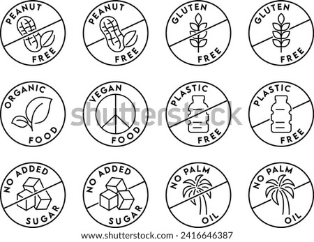 Set of icons illustrating absence of common food allergens. gluten free, peanut free, organic food icon, vegan food, plastic free, no added sugar, no palm oil , label icon for organic and healthy food