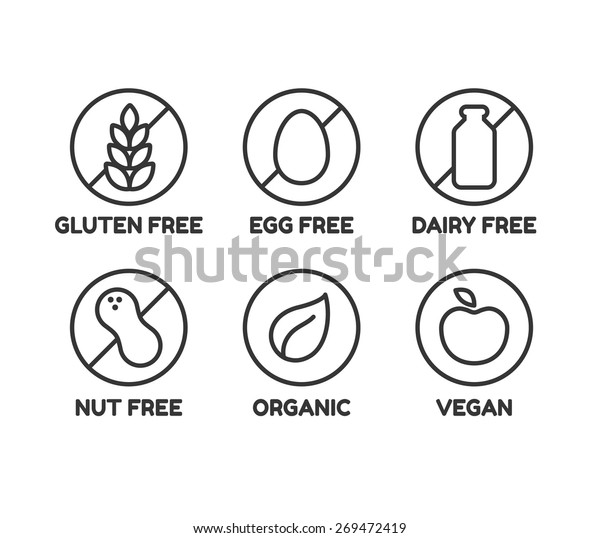 Set of\
icons illustrating absence of common food allergens (gluten, dairy,\
egg, nuts) plus vegan and organic\
signs.