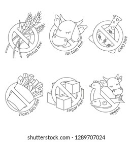 Set of icons illustrating absence of gluten, sugar, GMO, meat, trans fats and lactose in food. Vector symbols. - Vector
