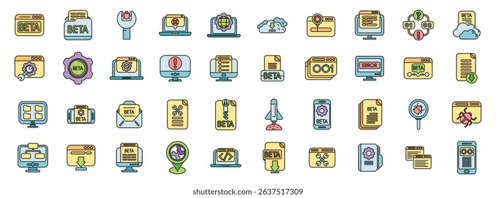 Set of icons illustrating beta testing and software development concepts