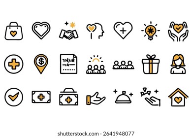 Set of icons illustrating charity kindness philanthropy donations and volunteerism in vector format