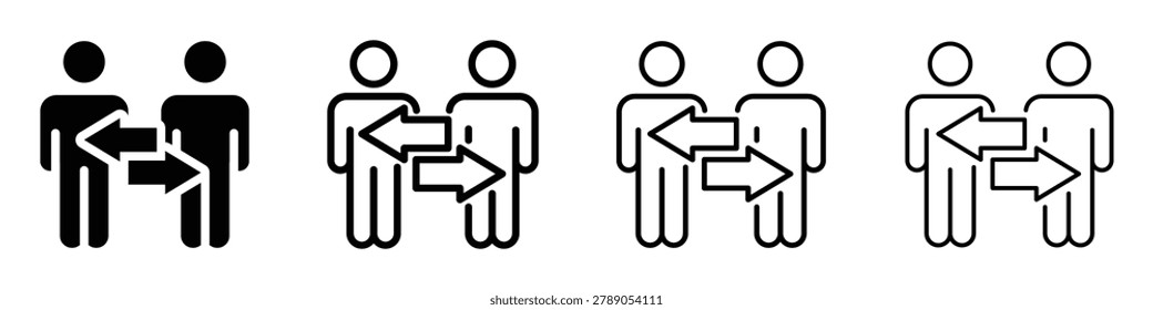 A set of icons illustrating the concept of communication and data transfer between individuals, shown with directional arrows