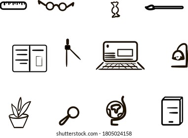 
A set of icons illustrating the educational process or office work. Hand drawing, ink sketch. All paths are grouped. All elements are editable. patterns, design element, icons, illustration