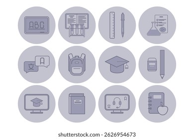 Set of icons illustrating various aspects of education, featuring items like books, backpack, and graduation symbols. Ideal for educational presentations or materials