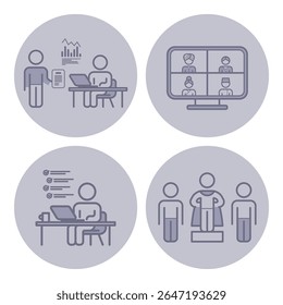 Conjunto de ícones que ilustram várias atividades do local de trabalho, incluindo dados de relatórios, videoconferência, gerenciamento de tarefas e trabalho em equipe