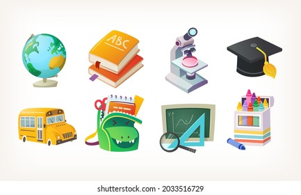 Set of icons and illustrations. Back to school stickers. Isolated vector images of items bus books and bag