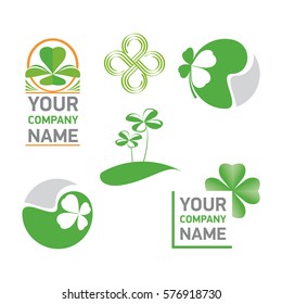 Set of icons and illustrations clover and graphic elements to create a logo or design. Isolated vector on white background.