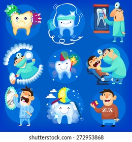 Set of icons and illustrations with man, taking care of his teeth at the dentist's and at home