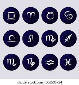 Set icons - illustrations on the theme of the zodiac on a galactic theme
